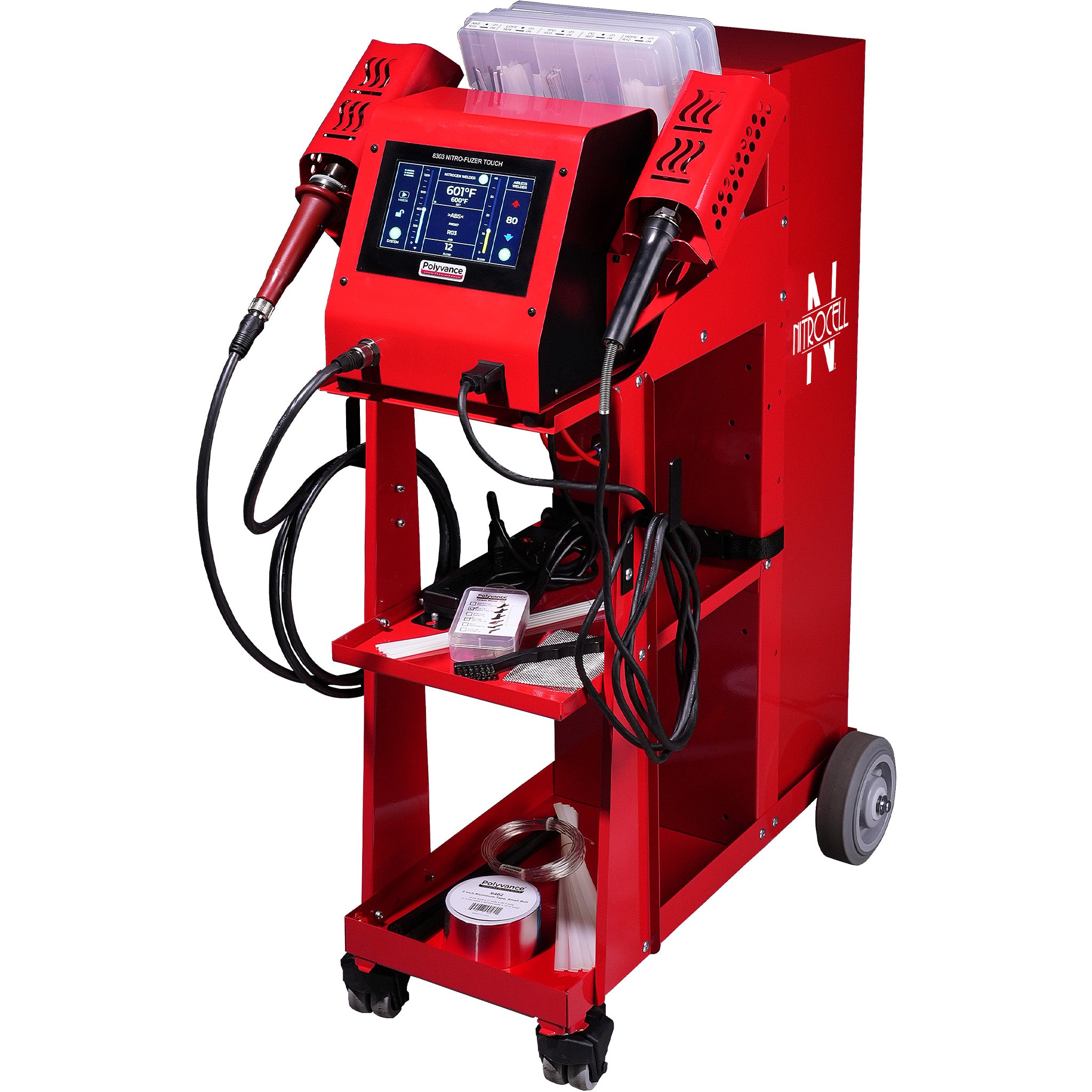 Nitrogen plastic welder with digital touchscreen, nitrogen and airless welders, accessories, and generator on a red cart