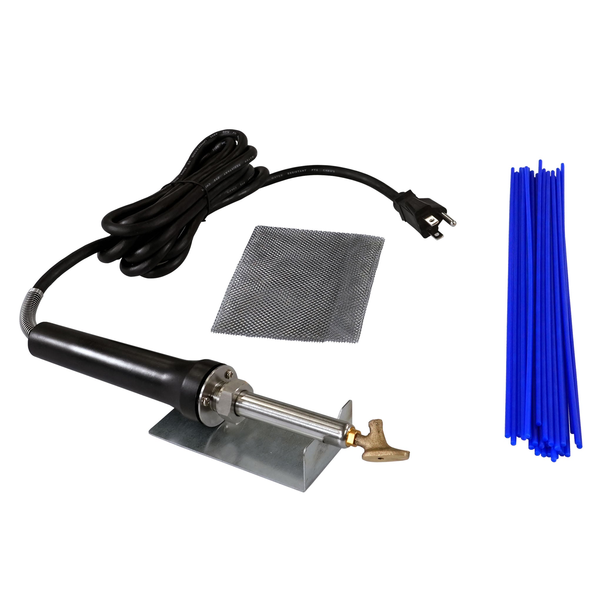 ATV Plastic Welder Kit with an airless plastic welder with a tube tip sitting on a welder stand and 30 round blue welding rods