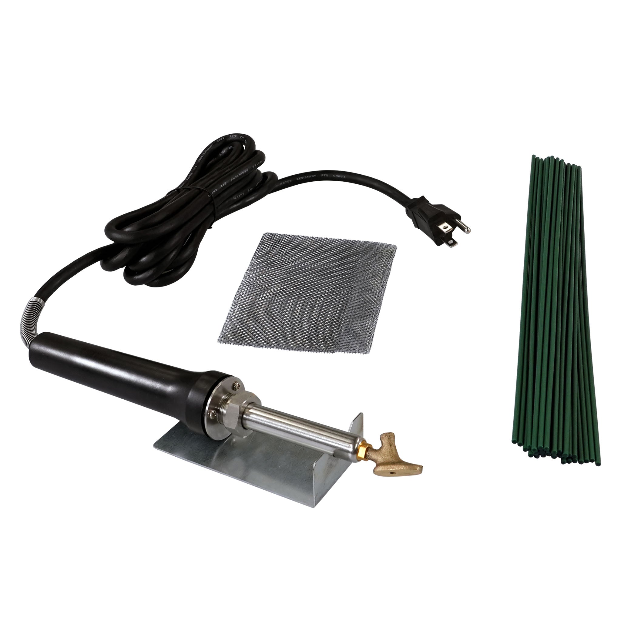 ATV Plastic Welder Kit with an airless plastic welder with a tube tip sitting on a welder stand and 30 round green welding rods
