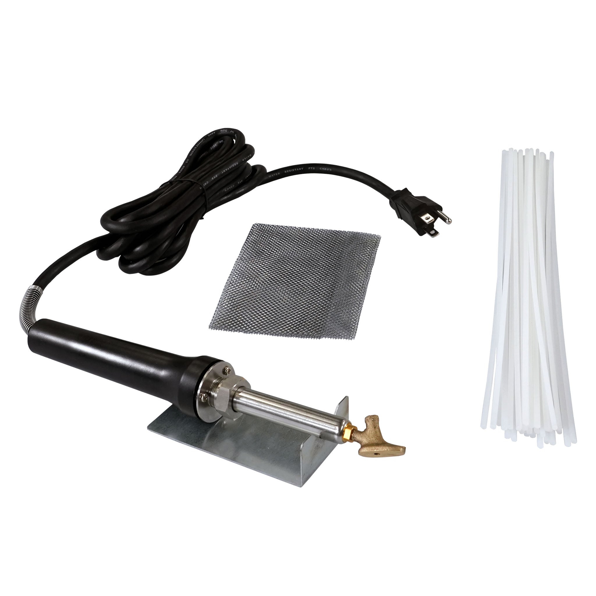ATV Plastic Welder Kit with an airless plastic welder with a tube tip sitting on a welder stand and 30 round natural welding rods