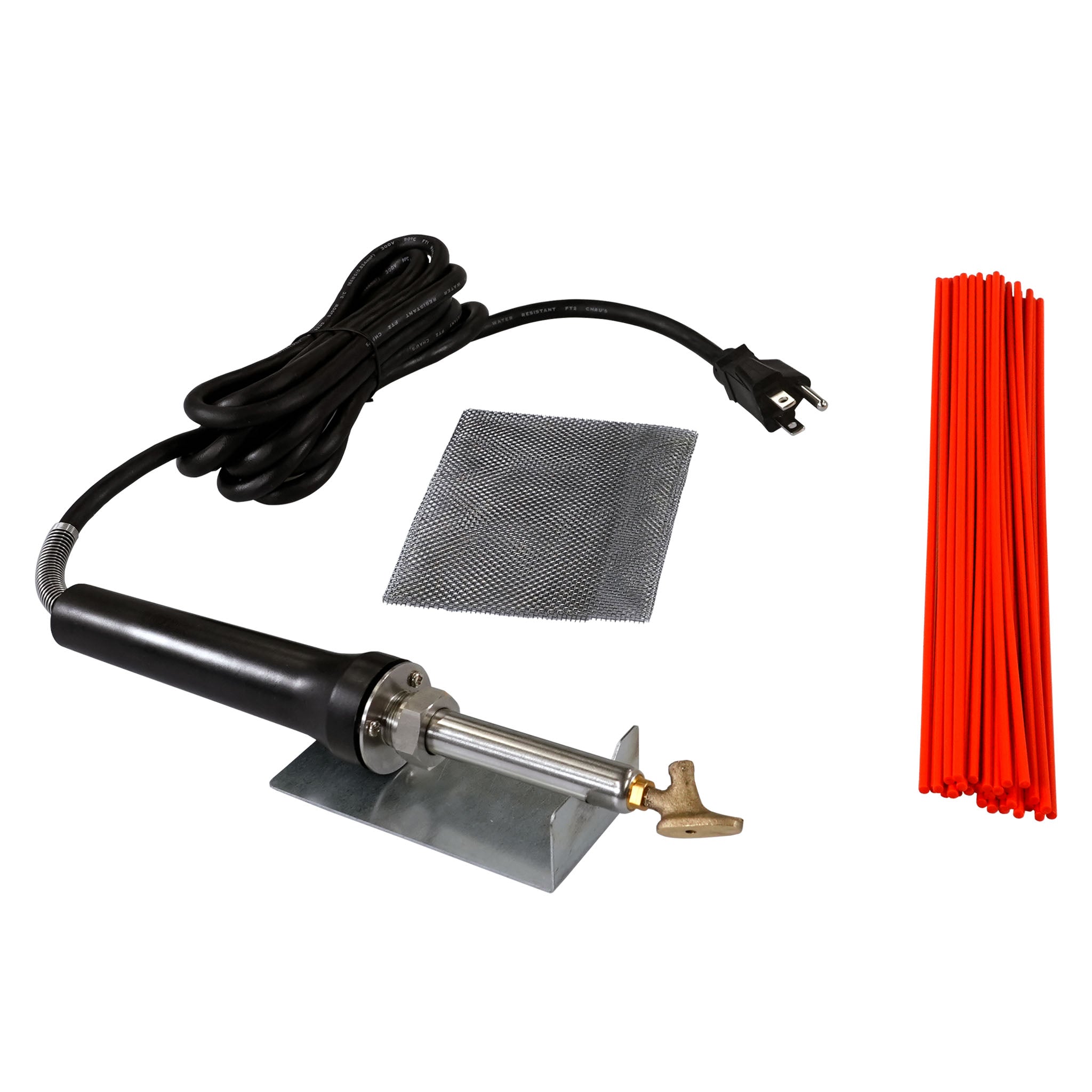 ATV Plastic Welder Kit with an airless plastic welder with a tube tip sitting on a welder stand and 30 round orange welding rods