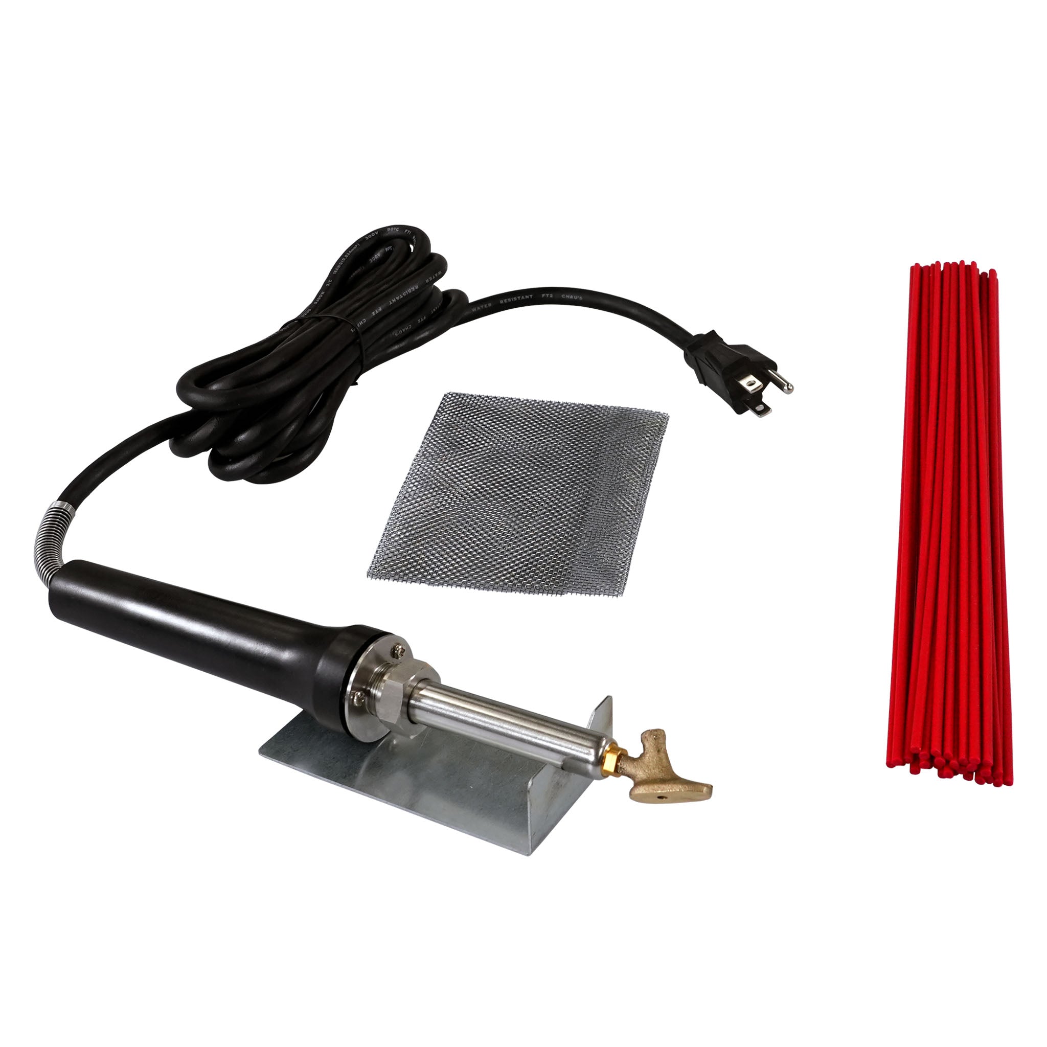 ATV Plastic Welder Kit with an airless plastic welder with a tube tip sitting on a welder stand and 30 round red welding rods