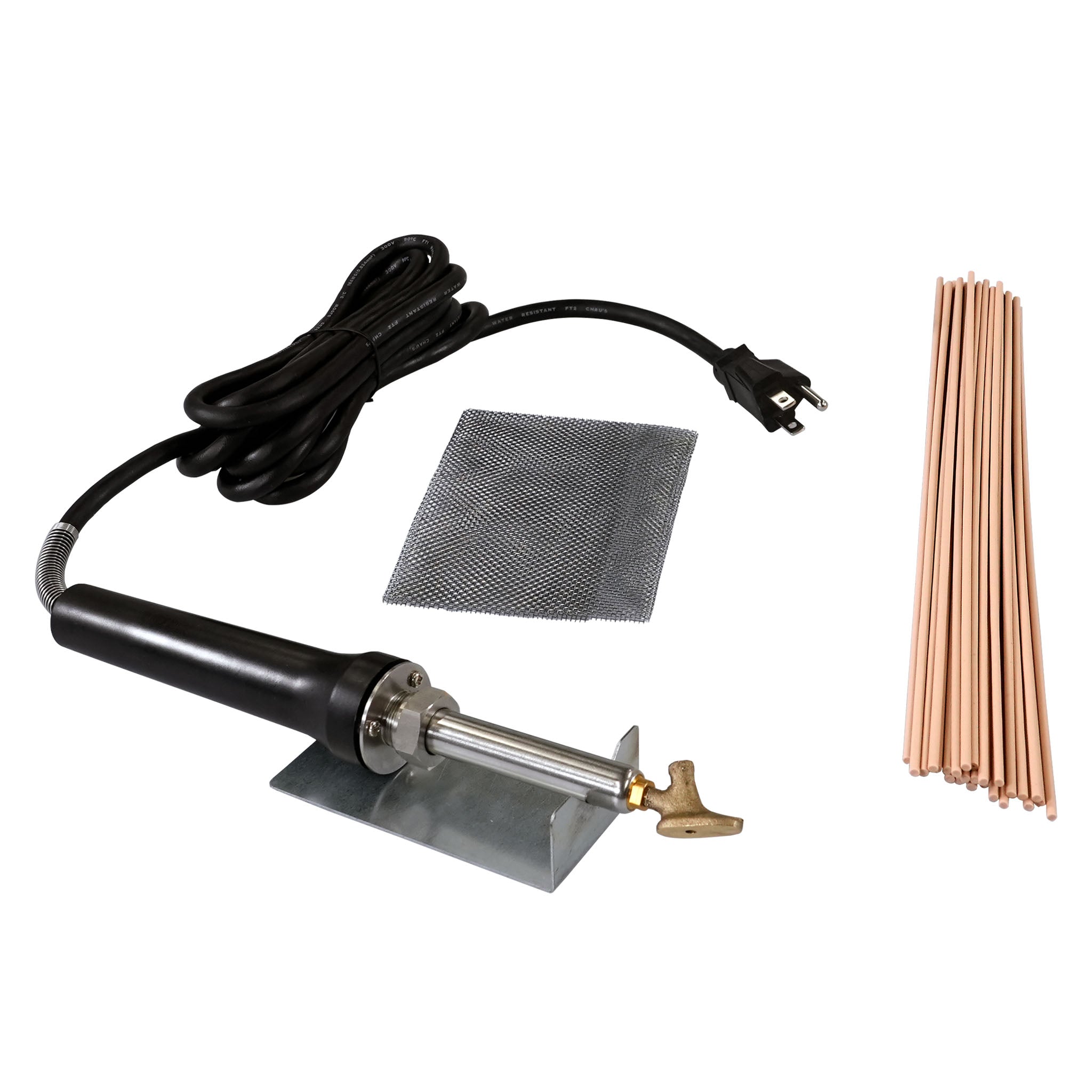 ATV Plastic Welder Kit with an airless plastic welder with a tube tip sitting on a welder stand and 30 round tan welding rods