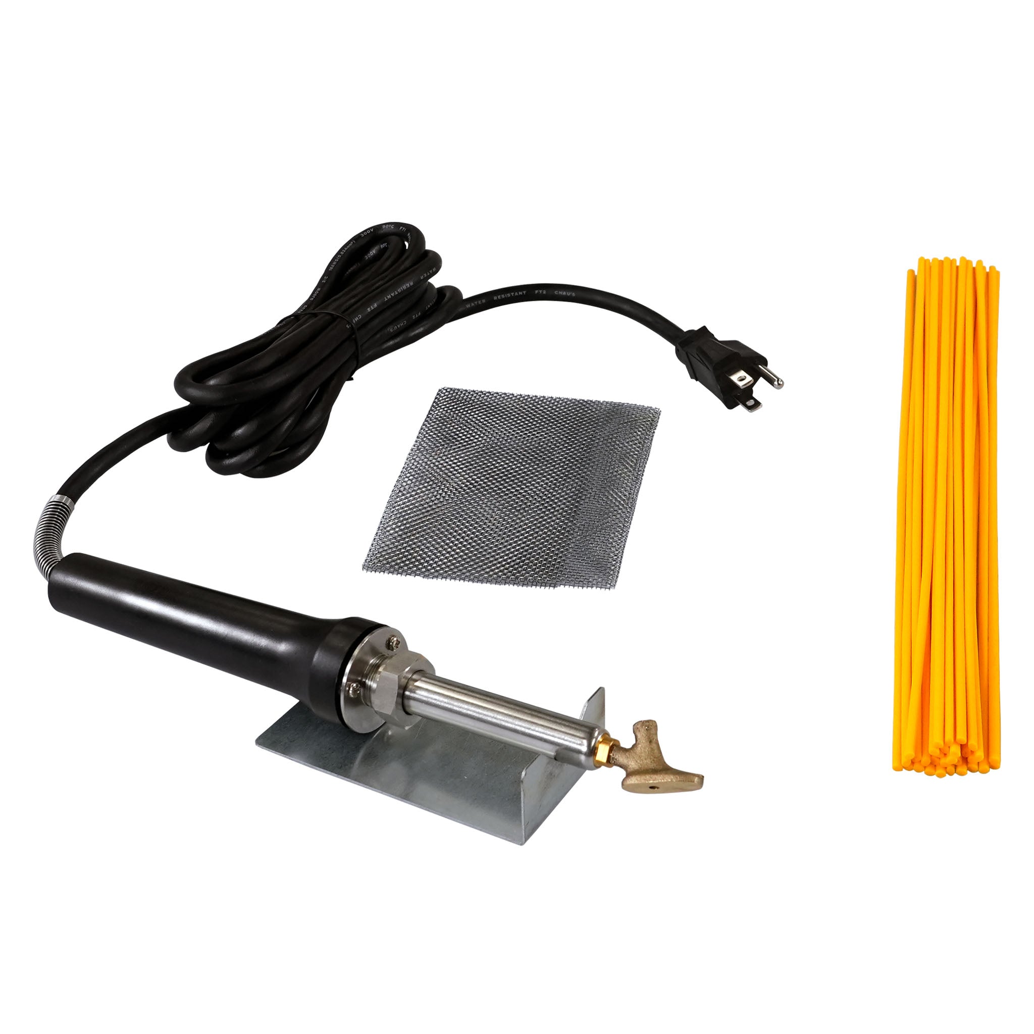 ATV Plastic Welder Kit with an airless plastic welder with a tube tip sitting on a welder stand and 30 round yellow welding rods