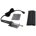 Kayak and Canoe Plastic Welding Kit with the airless welder, flat tip, stainless steel wire mesh, welder stand, and a bundle of flat black plastic welding ribbons