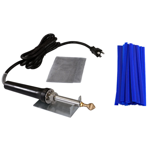 Kayak and Canoe Plastic Welding Kit with the airless welder, flat tip, stainless steel wire mesh, welder stand, and a bundle of flat blue plastic welding ribbons