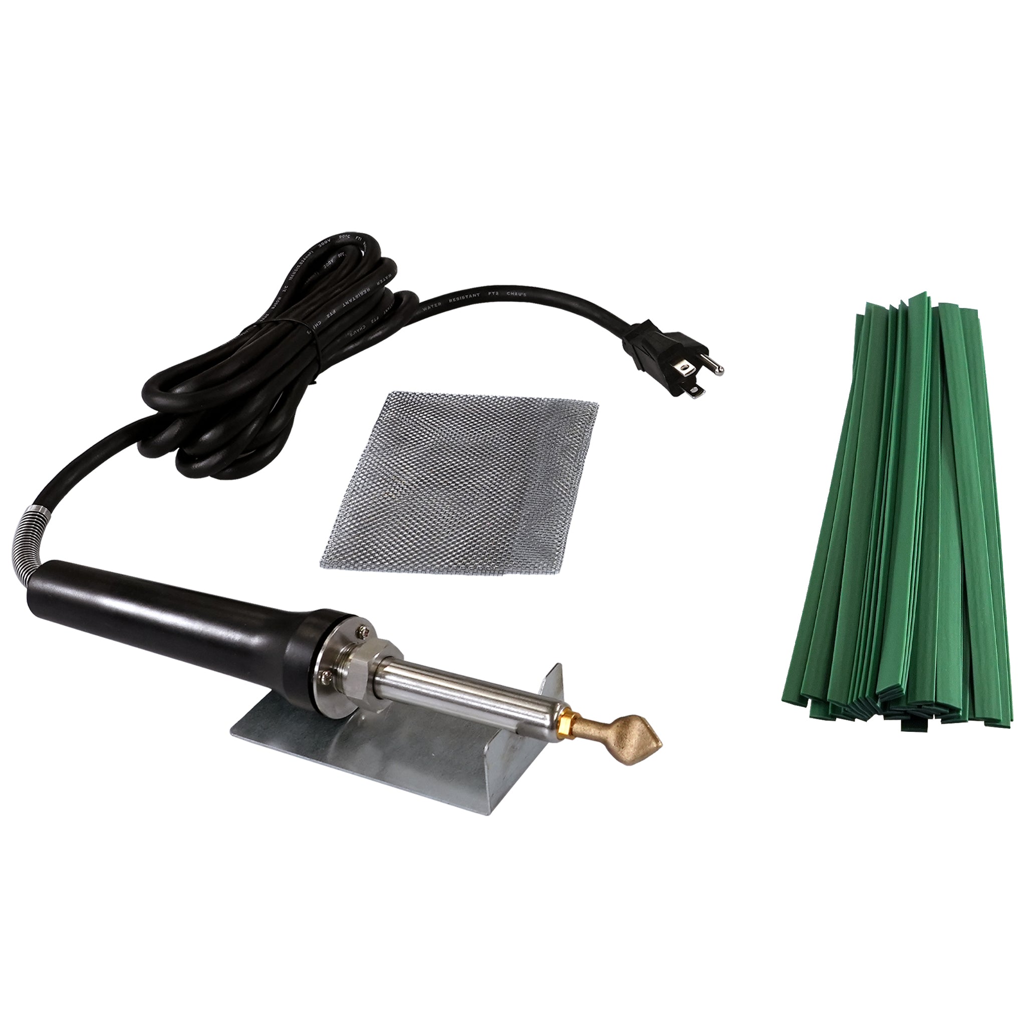 Kayak and Canoe Plastic Welding Kit with the airless welder, flat tip, stainless steel wire mesh, welder stand, and a bundle of flat green plastic welding ribbons