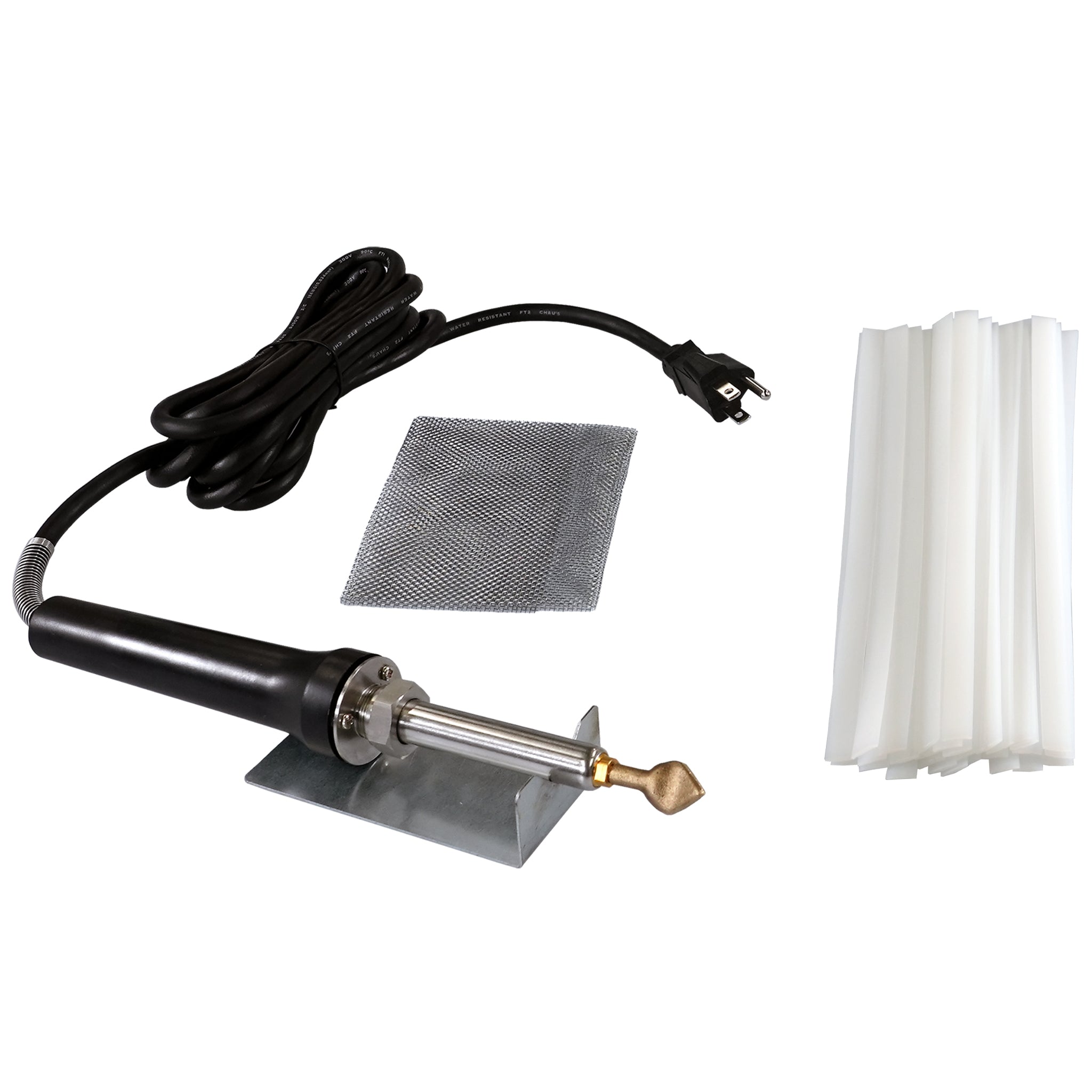 Kayak and Canoe Plastic Welding Kit with the airless welder, flat tip, stainless steel wire mesh, welder stand, and a bundle of flat natural plastic welding ribbons