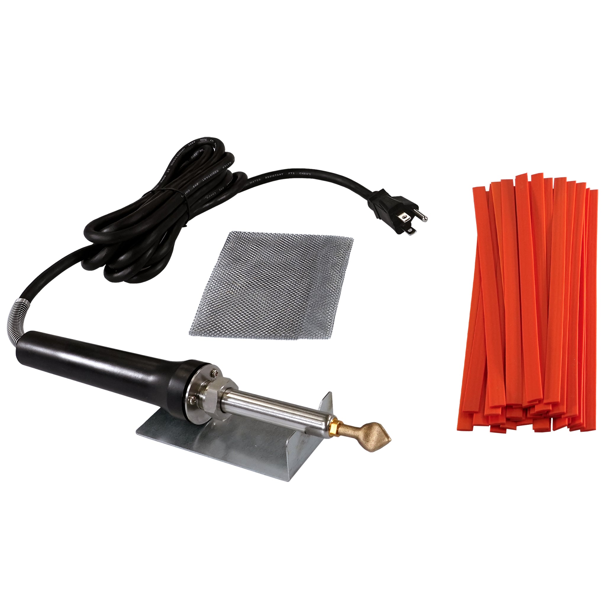 Kayak and Canoe Plastic Welding Kit with the airless welder, flat tip, stainless steel wire mesh, welder stand, and a bundle of flat orange plastic welding ribbons