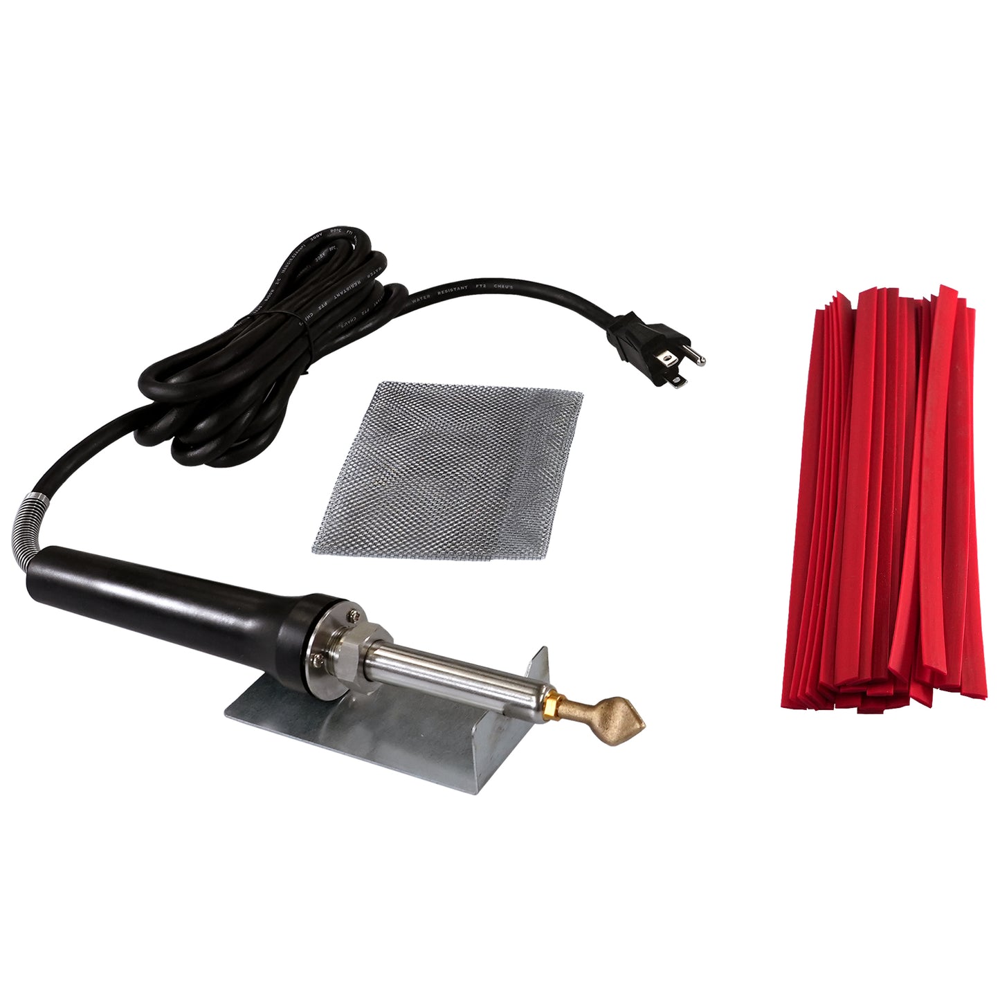 Kayak and Canoe Plastic Welding Kit with the airless welder, flat tip, stainless steel wire mesh, welder stand, and a bundle of flat red plastic welding ribbons