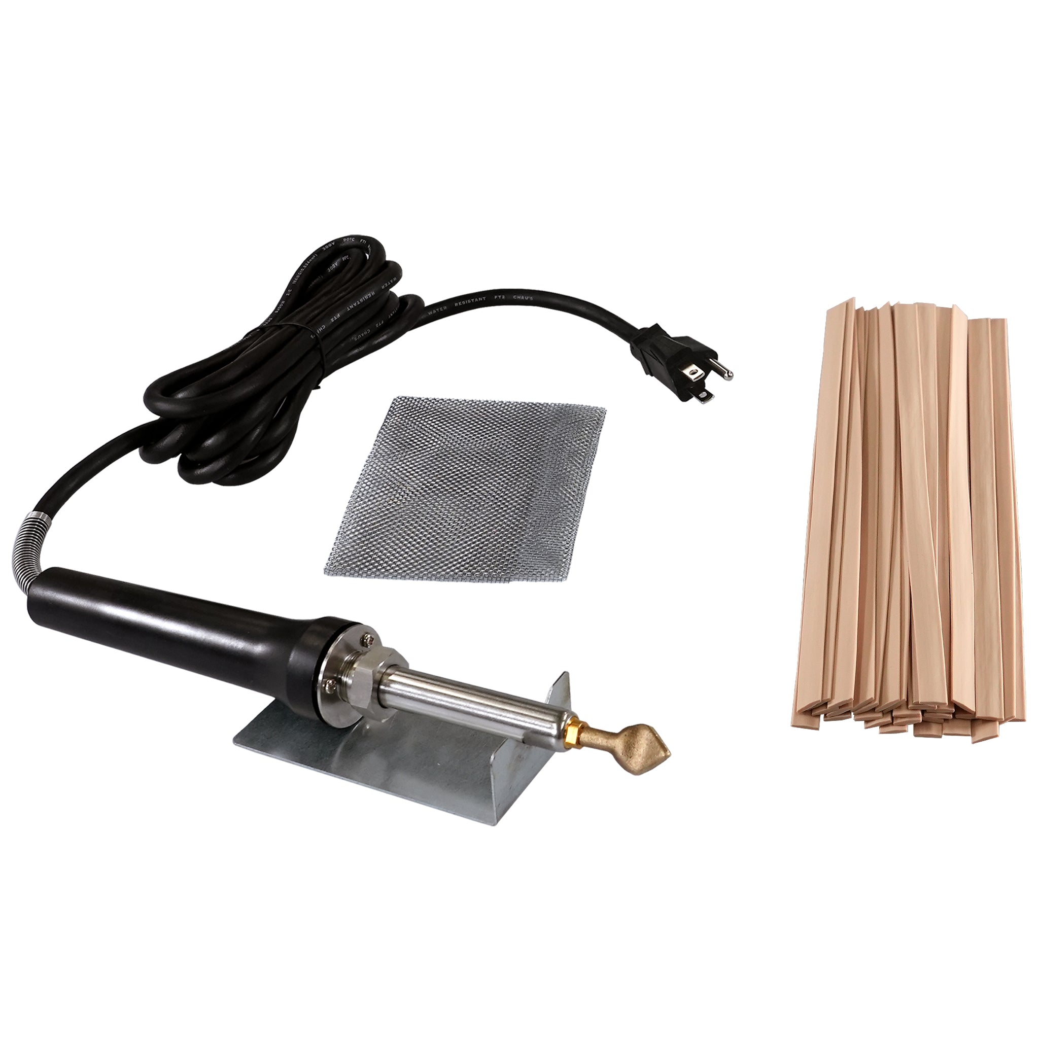 Kayak and Canoe Plastic Welding Kit with the airless welder, flat tip, stainless steel wire mesh, welder stand, and a bundle of flat tan plastic welding ribbons