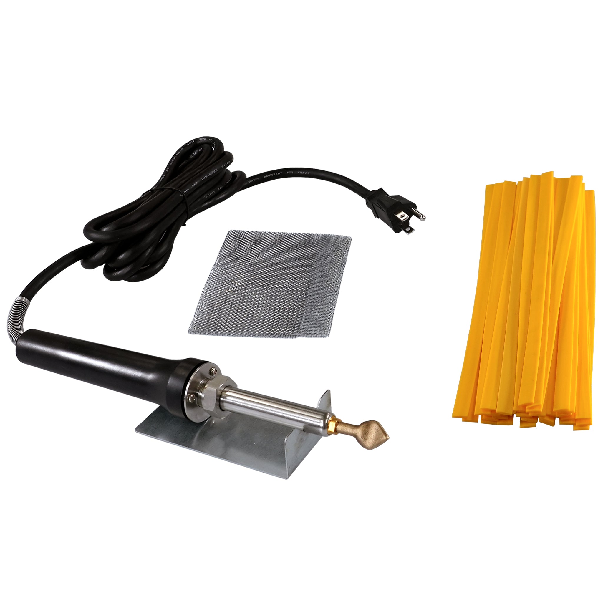 Kayak and Canoe Plastic Welding Kit with the airless welder, flat tip, stainless steel wire mesh, welder stand, and a bundle of flat yellow plastic welding ribbons