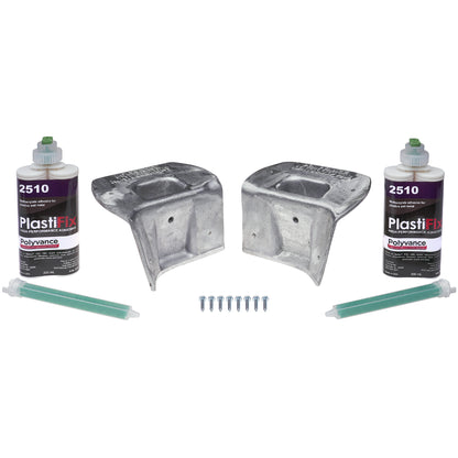 KENT800SP kit, including two aluminum castings, 2 cartridges of PlastiFix High Performance Adhesive, two mixer tips, and 8 screws