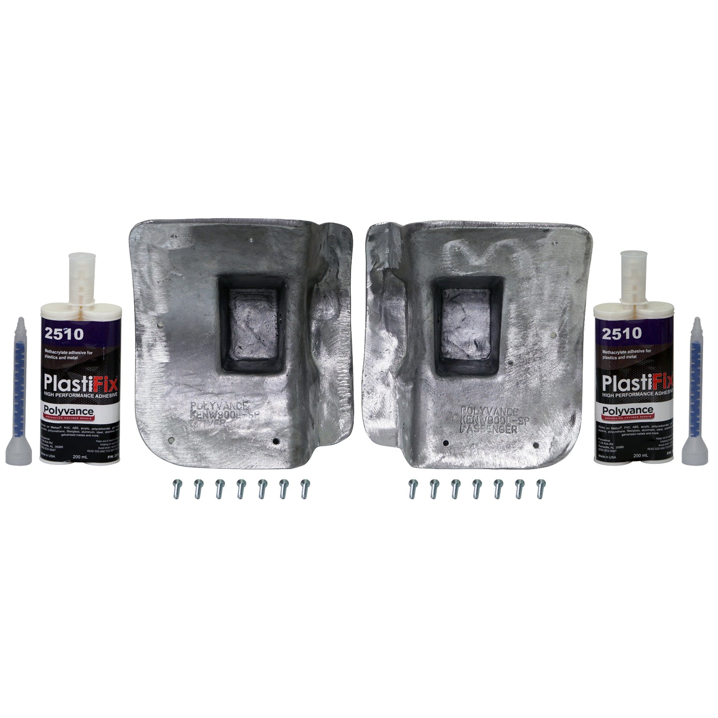 Kenworth T880 Hood Strut Mount Repair Kit, featuring 2 aluminum plugs, 2 adhesive cartridges, and hardware