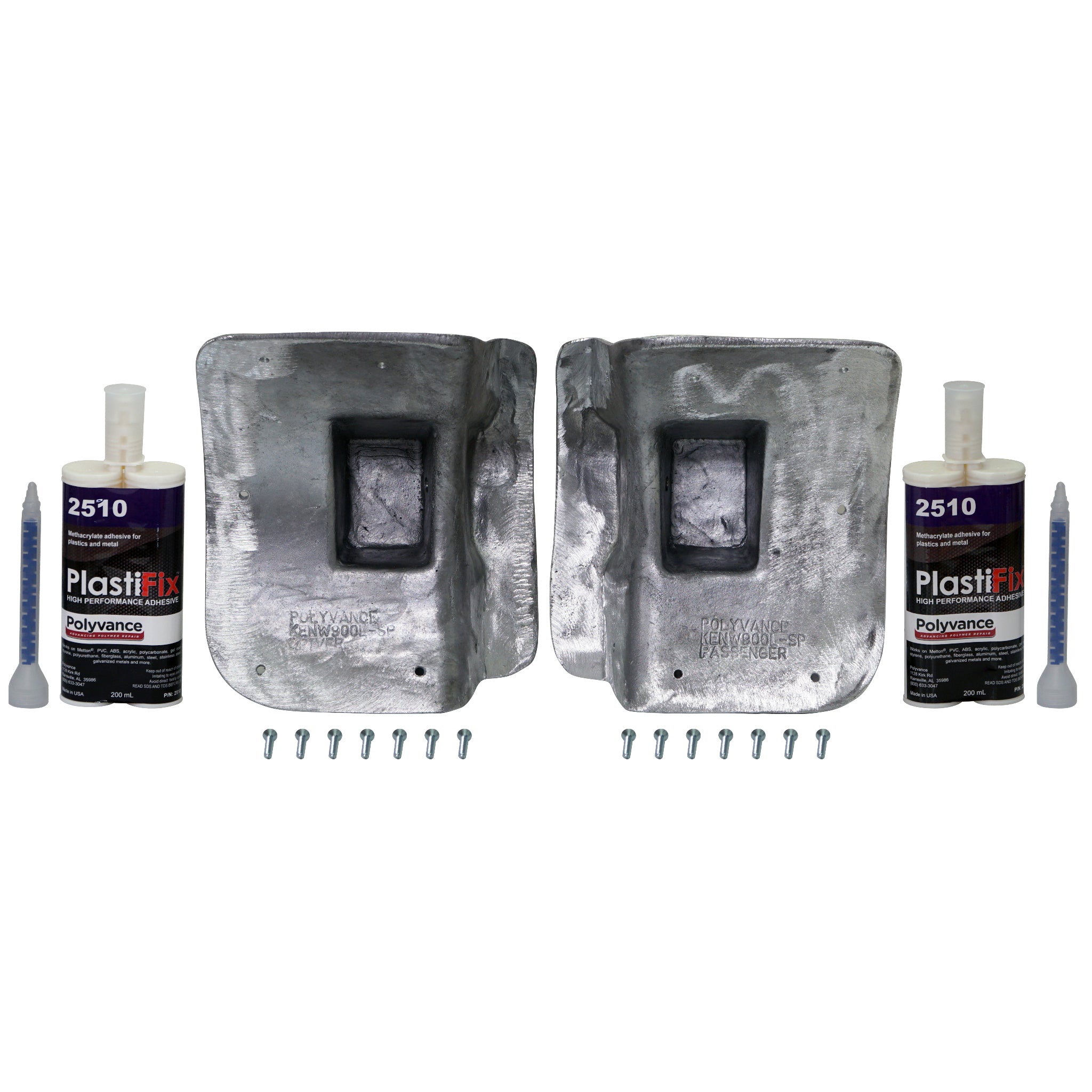 Kenworth T880 Hood Strut Mount Repair Kit, featuring 2 aluminum plugs, 2 adhesive cartridges, and hardware