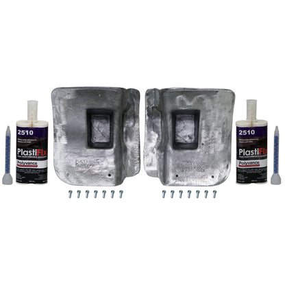 Kenworth T880 Hood Strut Mount Repair Kit, featuring 2 aluminum plugs, 2 adhesive cartridges, and hardware
