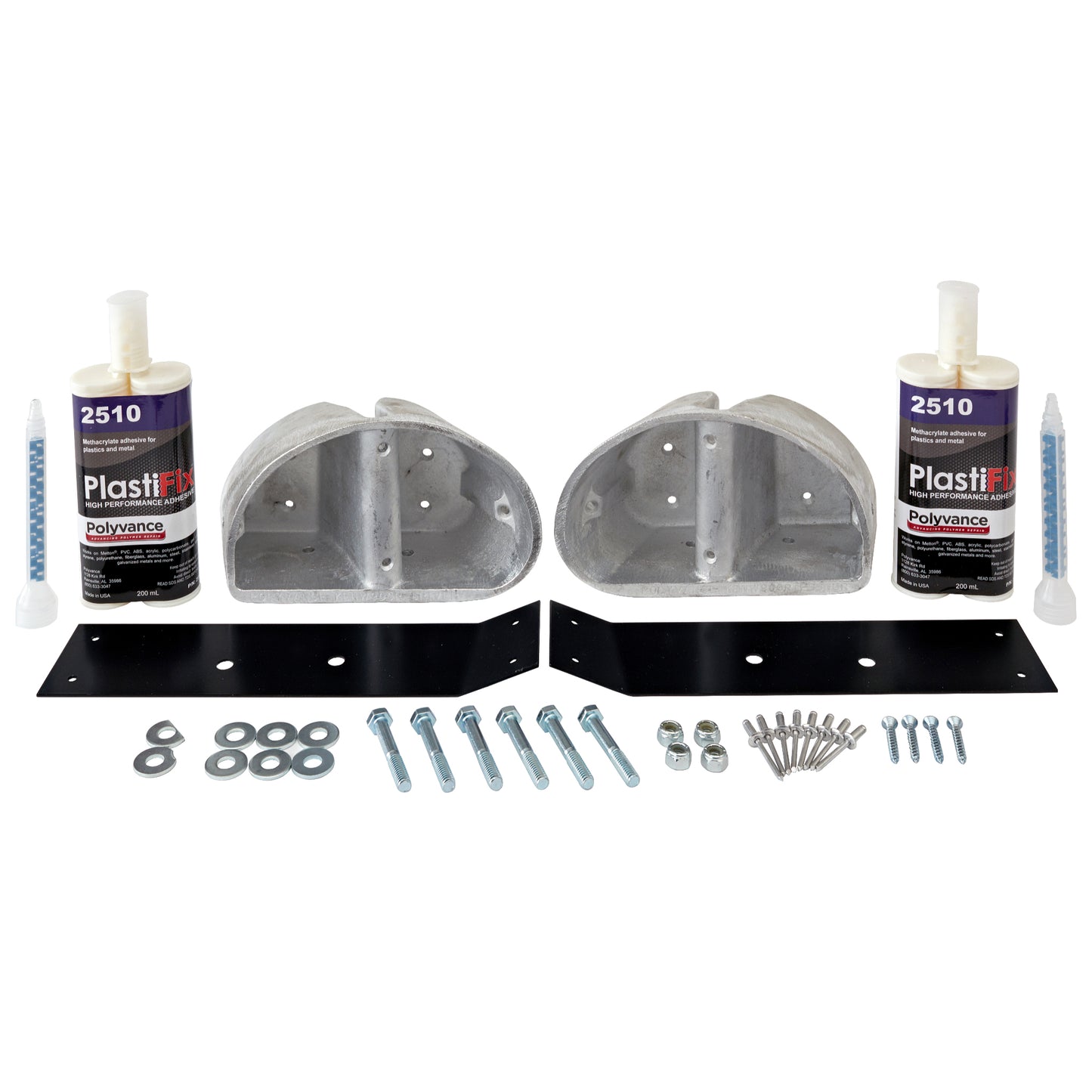 Kenworth W900 Hood Guide Bracket Repair Kit (Round), featuring 2 aluminum plugs, 2 steel reinforcement plates, 2 adhesive cartridges, and hardware