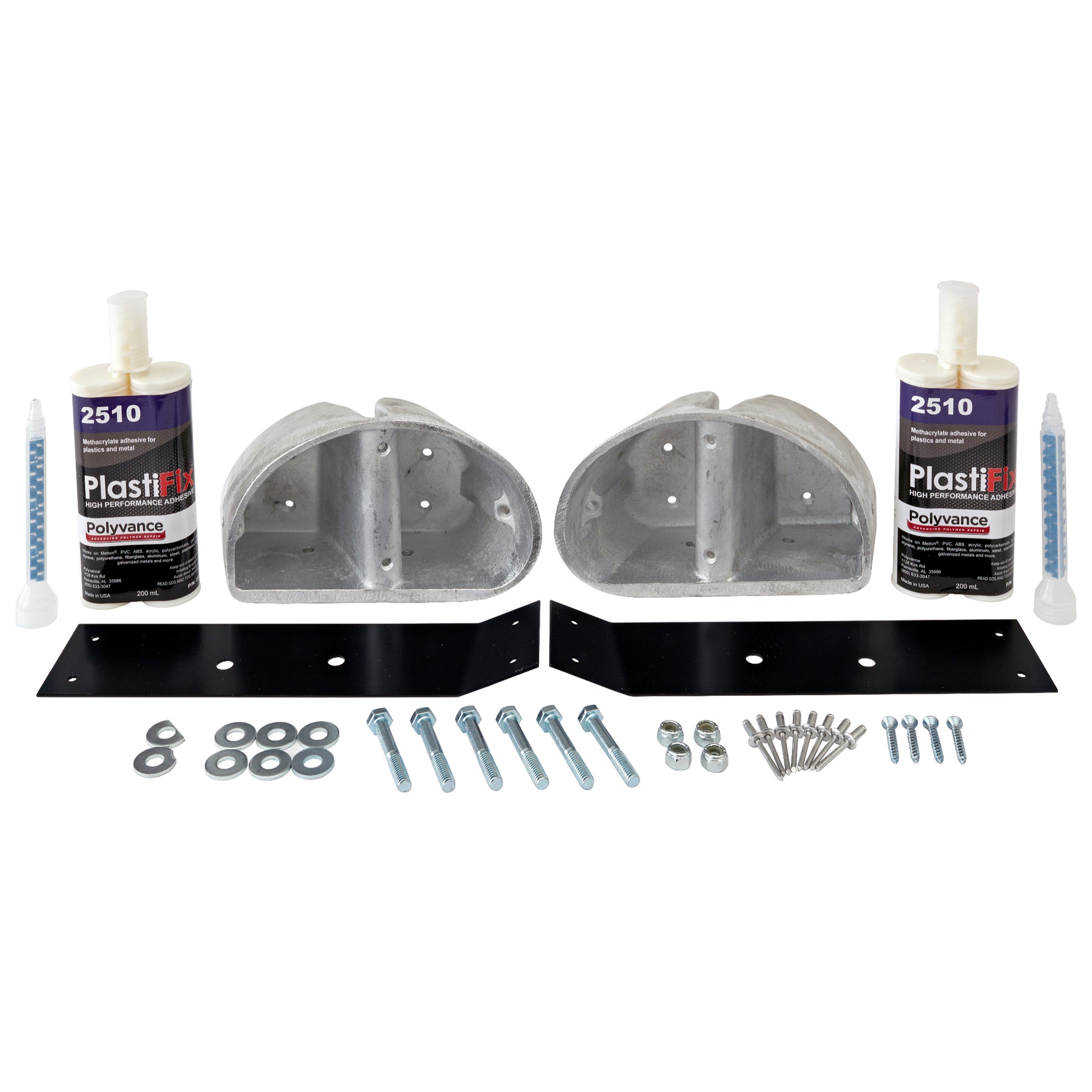 Kenworth W900 Hood Guide Bracket Repair Kit (Round), featuring 2 aluminum plugs, 2 steel reinforcement plates, 2 adhesive cartridges, and hardware