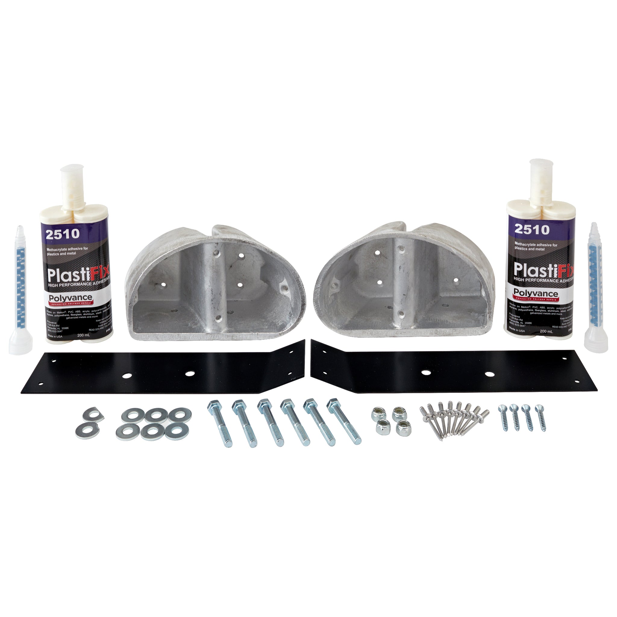 Kenworth W900 Hood Guide Bracket Repair Kit (Round), featuring 2 aluminum plugs, 2 steel reinforcement plates, 2 adhesive cartridges, and hardware