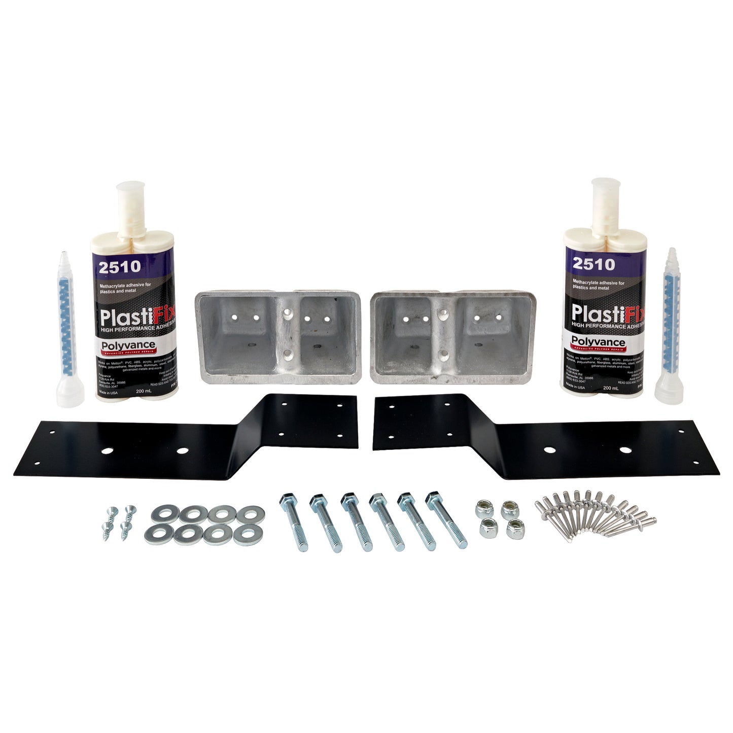 Kenworth W900 Hood Guide Bracket Repair Kit (Square), featuring 2 aluminum plugs, 2 steel reinforcement plates, 2 adhesive cartridges, and hardware