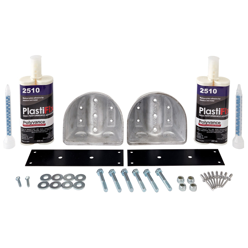 Kenworth T800 Hood Guide Bracket Repair Kit, featuring 2 aluminum plugs, 2 reinforcement plates, 2 adhesive cartridges, and hardware