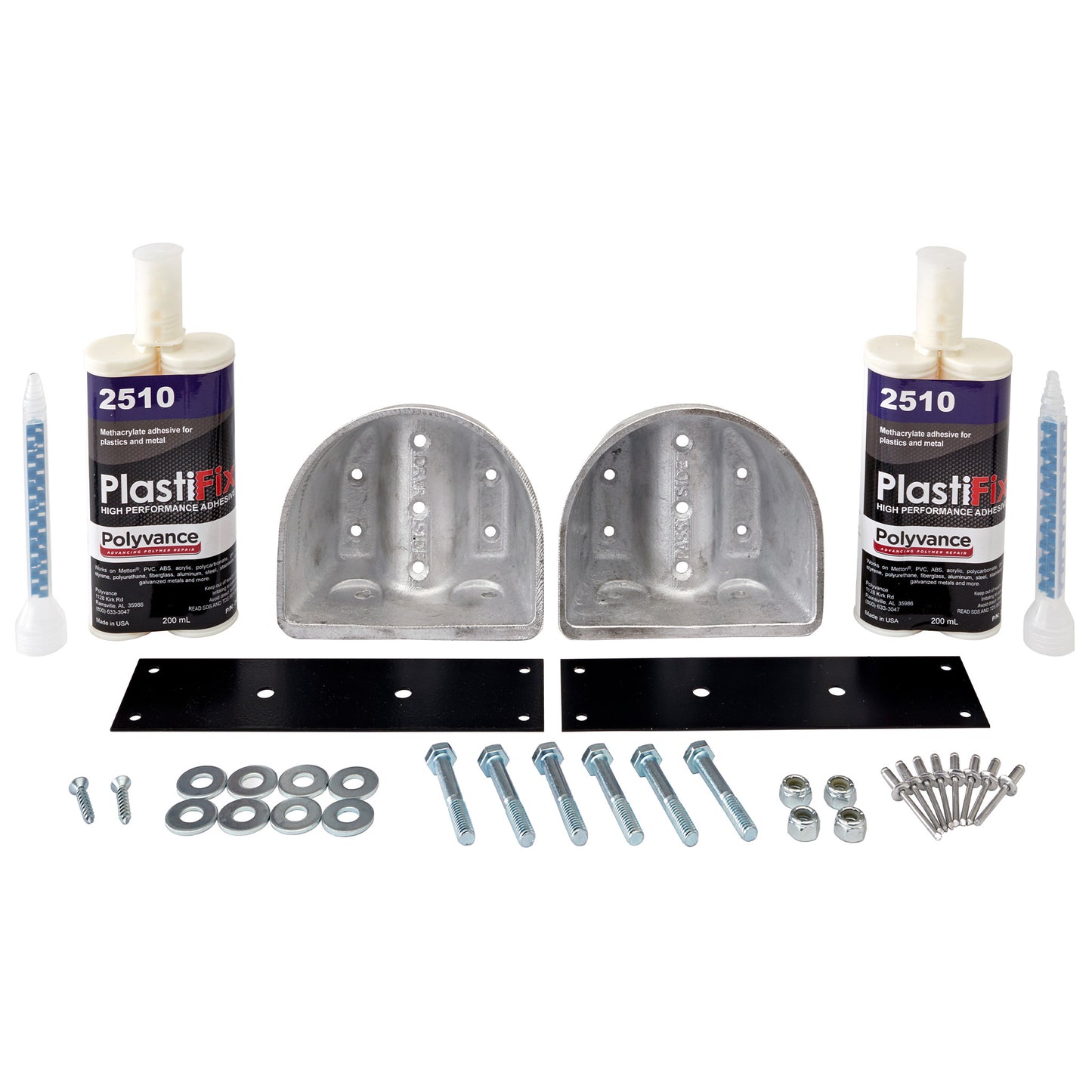 Kenworth T800 Hood Guide Bracket Repair Kit, featuring 2 aluminum plugs, 2 reinforcement plates, 2 adhesive cartridges, and hardware
