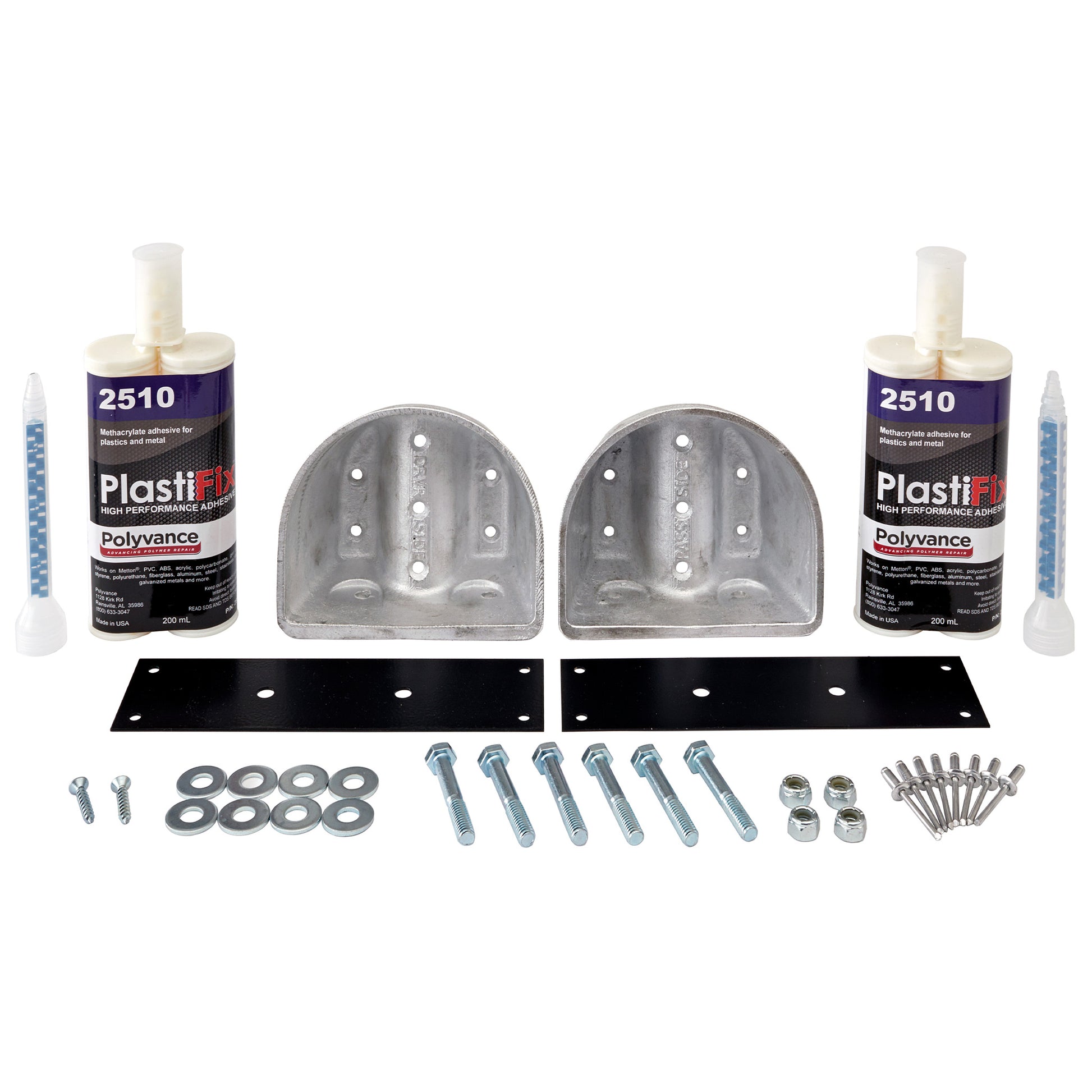 Kenworth T800 Hood Guide Bracket Repair Kit, featuring 2 aluminum plugs, 2 reinforcement plates, 2 adhesive cartridges, and hardware