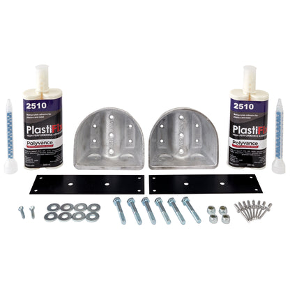 Kenworth T800 Hood Guide Bracket Repair Kit, featuring 2 aluminum plugs, 2 reinforcement plates, 2 adhesive cartridges, and hardware
