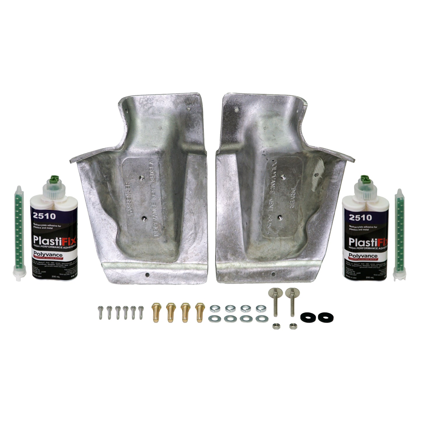 Kenworth T880 Hood Strut Mount Repair Kit (Set-Forward Front Axle Hood), featuring 2 aluminum plugs, 2 adhesive cartridges, and hardware