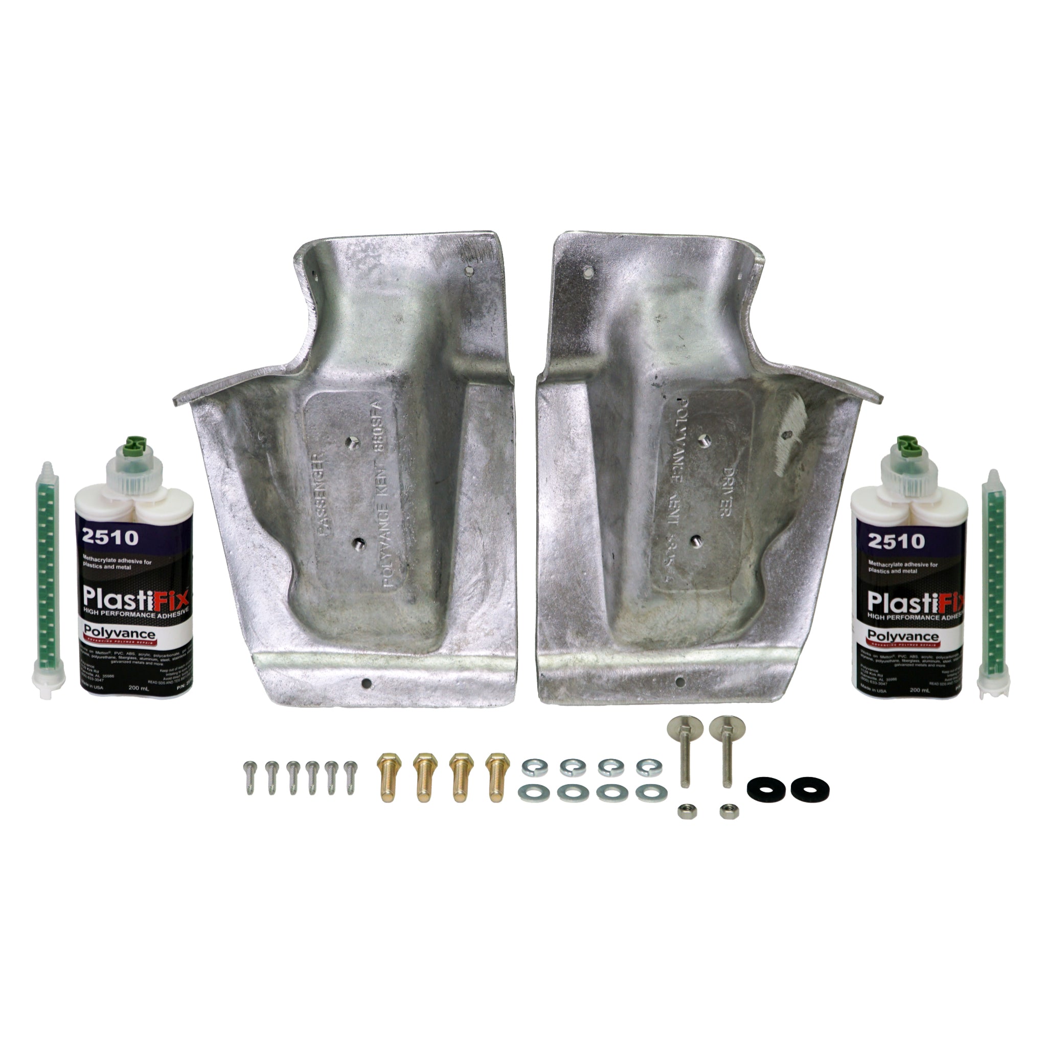 Kenworth T880 Hood Strut Mount Repair Kit (Set-Forward Front Axle Hood), featuring 2 aluminum plugs, 2 adhesive cartridges, and hardware