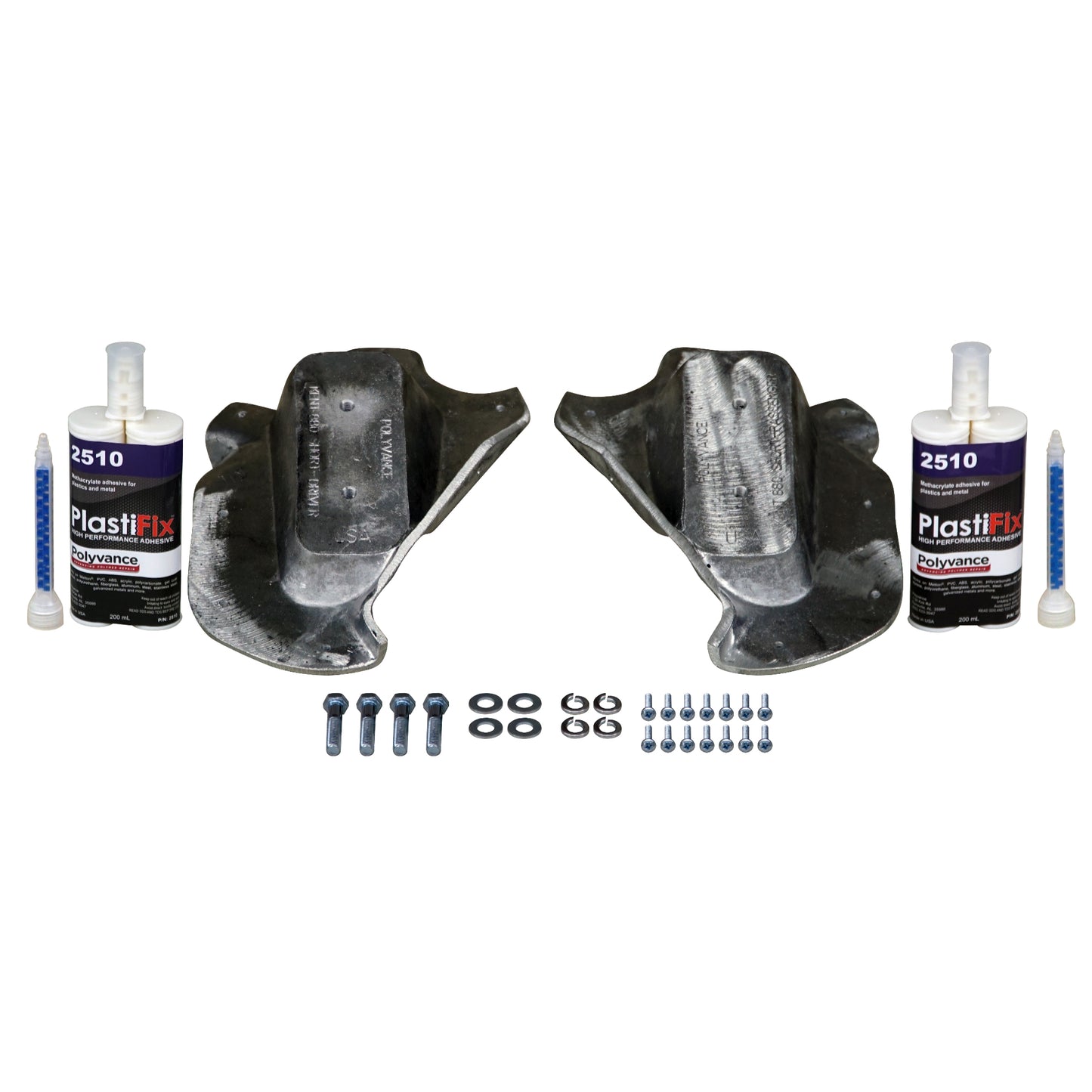 Kenworth T880 Hood Strut Mount Repair Kit (MX Optimized Hood), featuring 2 aluminum plugs, 2 adhesive cartridges, and hardware