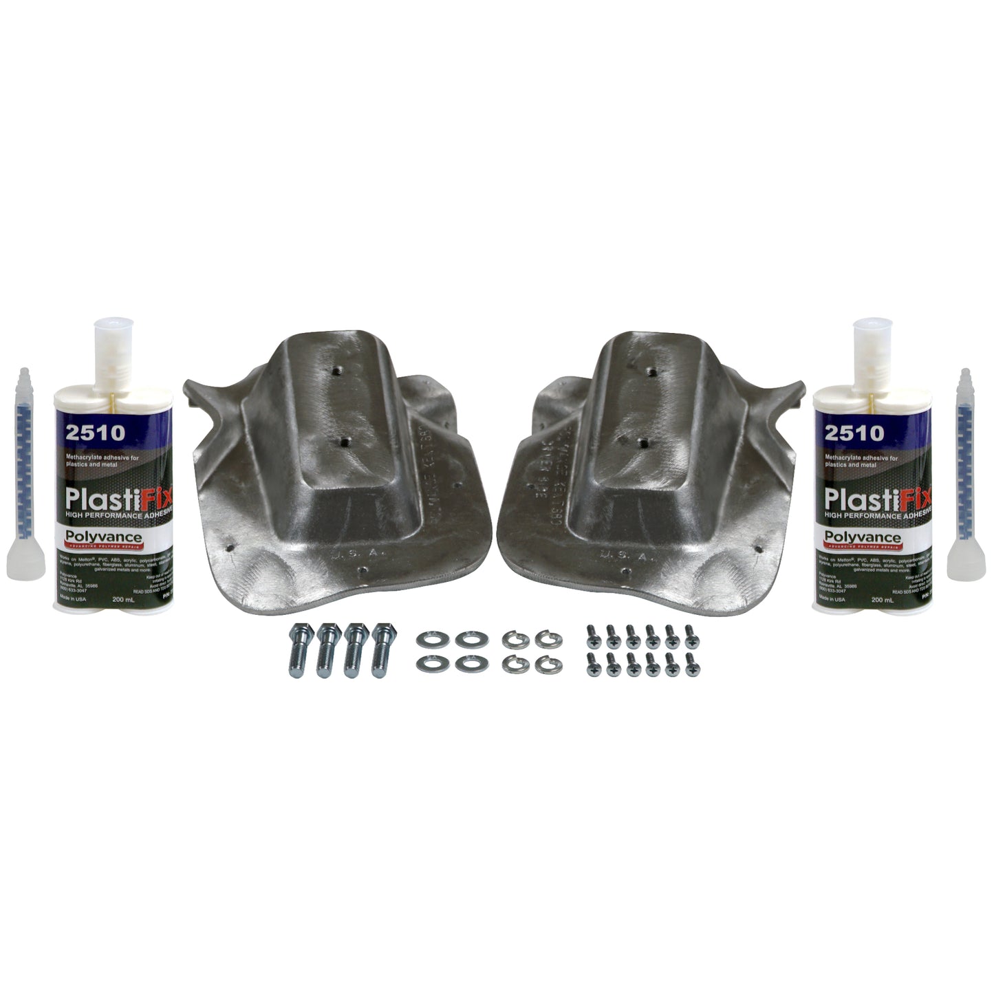 Kenworth T880 Hood Strut Mount Repair Kit (Standard Hood), featuring 2 aluminum plugs, 2 adhesive cartridges, and hardware