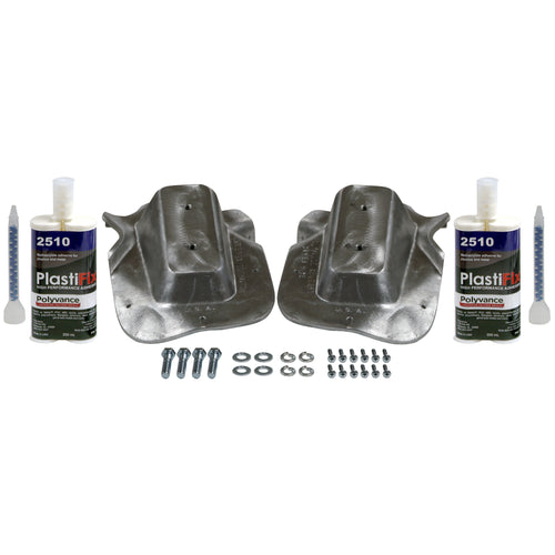 Kenworth T880 Hood Strut Mount Repair Kit (Standard Hood), featuring 2 aluminum plugs, 2 adhesive cartridges, and hardware