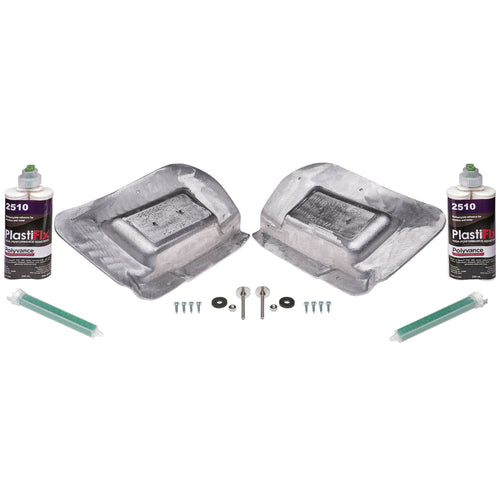 PB579ST Kit, including two aluminum castings, two cartridges of PlastiFix adhesive, two mixer tips, screws, bolts, washers, nuts