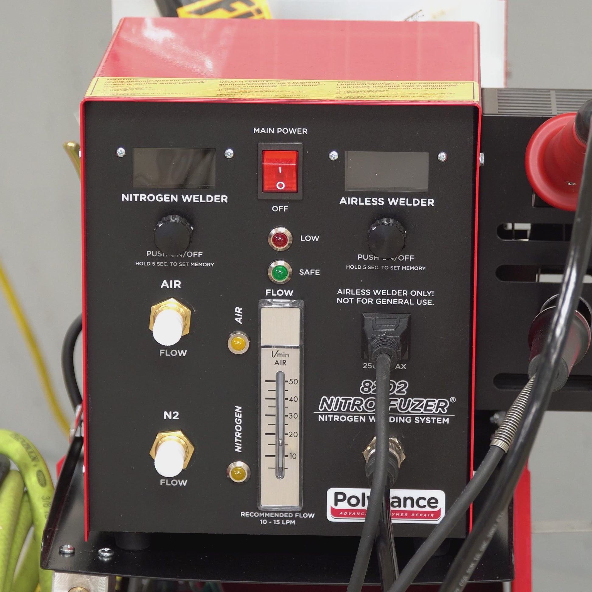 Video showing the functionality of the Nitro-Fuzer Classic nitrogen plastic welder, highlighting the digital temperature controls and flow gauge
