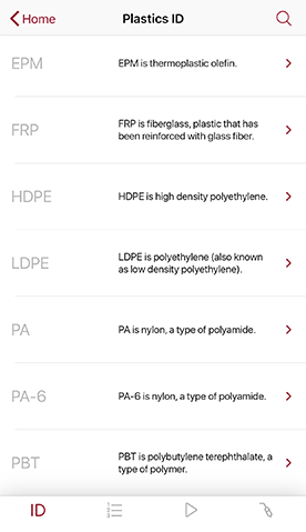 Polyvance App Plastics ID Page