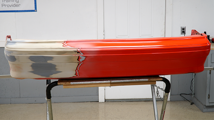 The 1993 Ford Mustang Cobra rear bumper after being filled and sanded.