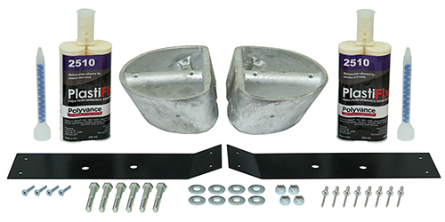 Kenworth W900 hood repair kit for hoods with round hood pockets.