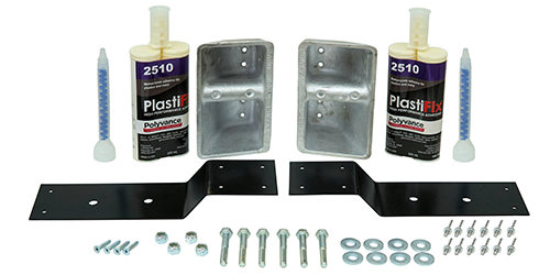 Kenworth W900 hood repair kit for hoods with square hood pockets.