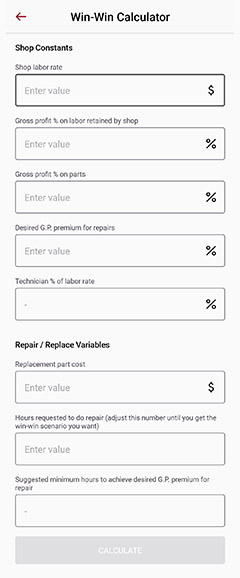 The shop and part data page of the Win-Win Calculator section of the Polyvance App