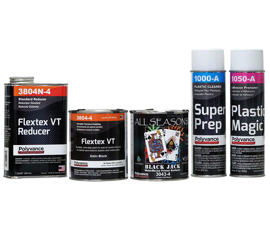 The Flextex Starter Kit contents. (Left to Right) Flextex VT Reducer, Flextex VT, Black Jack Primer, Super Prep, Plastic Magic.